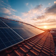 Solar Panels on Red Tiled Roof During Sunset Sky