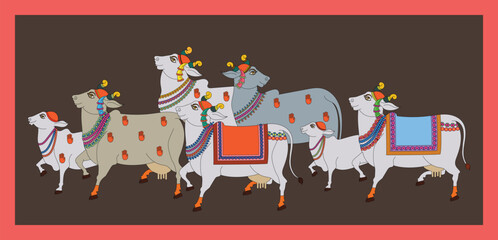 Holy cow in Kalamkari Indian traditional folk art on linen fabrics. It can be used for a coloring book, textile/ fabric prints, phone case, or greeting card. logo, calendar	
