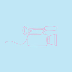 Obraz premium Professional camera with microphone and lens on a light blue for filmmaking and broadcasting