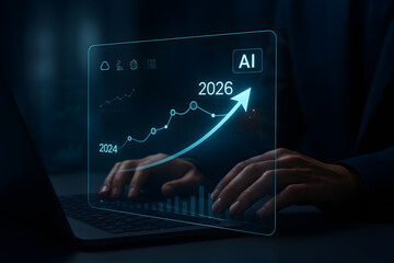 Business growth forecast with futuristic data analytics for 2024 to 2026 showing hand typing on laptop, upward arrow trend, financial planning and strategic investment for global success