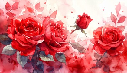Leuchtender Aquarell-Hintergrund mit roten Rosen in voller Bl&uuml;te