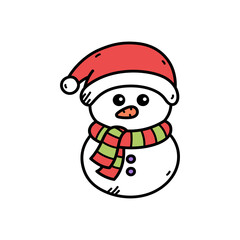Cartoon Snowman Doodle with Red Hat Striped Scarf and Buttons on Transparent Background Celebration Festive Holiday Winter Icon Illustration