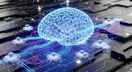 A luminous grid-like brain structure sits on a dark circuit board connected by glowing blue and purple lines to numerous integrated chips Tiny bright particles dot the dark background