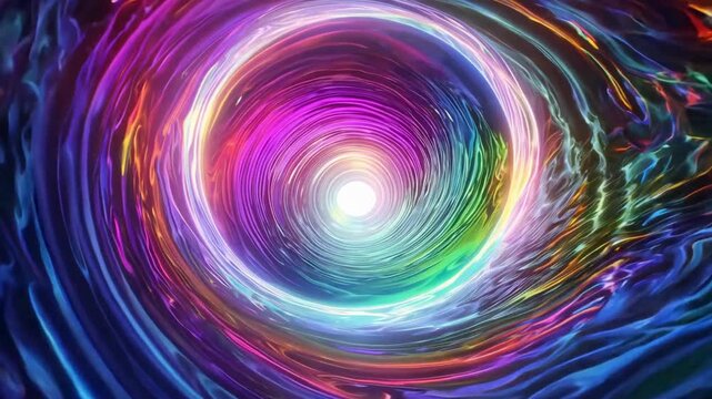 A dynamic and hypnotic motion graphic of a swirling vortex or wormhole with vibrant, multi-colored light trails, creating a mesmerizing and abstract sci-fi background