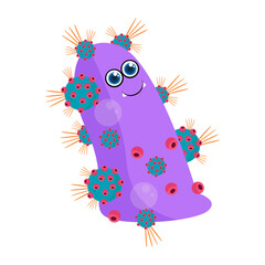 Cartoon Purple Germ Character with Teal and Orange Spikes on Transparent Background