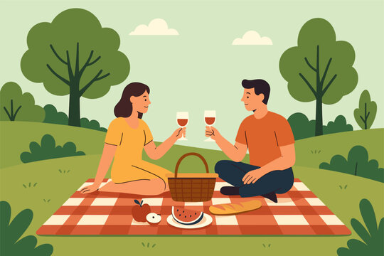 Picnic in the park: couple enjoying nature with wine and snacks