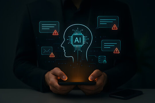 Business man using digital chatbot Artificial Intelligence (AI) with hacking and warning alert. cyber attack network, spyware or Malicious software. Technology cyber security and cybercrime