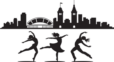 Silhouette Dancers With Skyline In Background Dance Performance Illustration