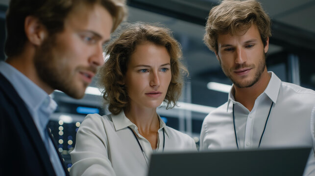 IT professionals testing network protocol compliance in futuristic server room, symbolizing secure data exchange, digital efficiency, and innovative technological development across industries.