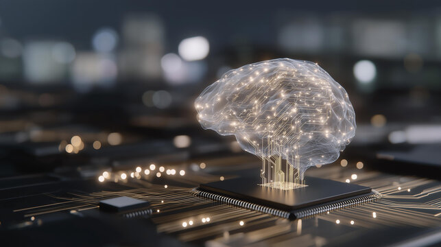 Abstract digital brain floating above a coding terminal, connected by streams of binary code and glowing data points, symbolizing deep learning, neural networks, coding interface innovation, and