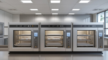 Fototapeta premium Freeze dryers preserve food samples in a nutrition lab, with vacuum chambers sealing, shelves chilling, product trays loading, and digital controls tracking cycles, shown in a chilled photo with