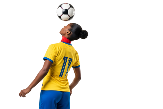 Woman playing soccer, kicking a ball with her head. Isolated on transparent background, png - Powered by Adobe