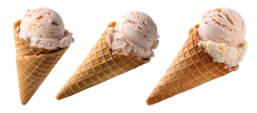 Three waffle cones filled with cream ice cream of different flavors lie attractively on a transparent surface. The flavors combine shades of pink and white, looking appetizing and refreshing.