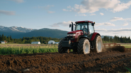 Obraz premium A farmer plows a field under a clear sky, with a tractor rumbling, soil turning, a dog trotting nearby, and a barn in the distance, captured in a rustic photo with soil clumps, fur textures, and