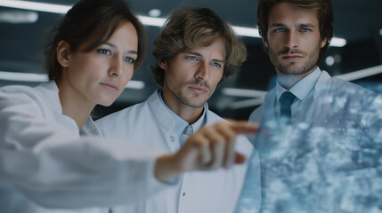 Team of virologists analyzing augmented reality holograms of virus structures, showing emotions of collaboration and determination, symbolizing futuristic research, AR-driven healthcare, and