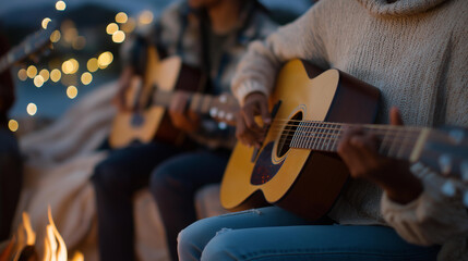 Fototapeta premium A group of friends plays acoustic guitars in a park, with strings strumming, a campfire glowing, blankets spread, and stars twinkling, depicted in a melodic photo with string vibrations, flame