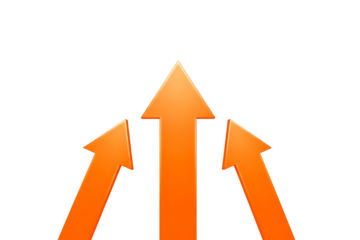 Set of three orange arrows pointing upward in a 3D glossy style, isolated on transparent cutout background, cut out, png
