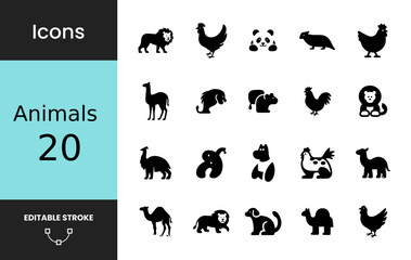 20 Black Silhouette Animal Icons Vector Pack: Editable Stroke Graphics of Lion, Panda, Chicken, and Various Wildlife & Farm Creatures for Design and Web Use