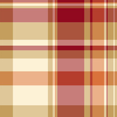 Printing background plaid seamless, aged textile check pattern. Fashioned texture fabric vector tartan in red and amber colors.
