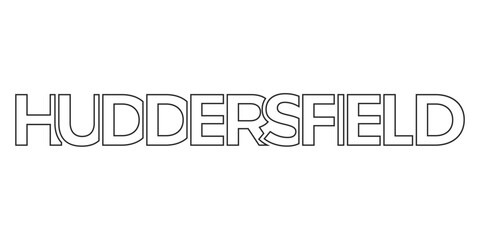 Huddersfield city in the United Kingdom design features a geometric style illustration with bold typography in a modern font on white background.