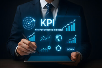 Business Professional Using KPI Dashboard and Digital Analytics Tools for Strategic Planning, Performance Management, and Success Goals