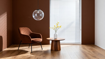 Modern living room interior with chair and flowers