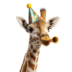 Giraffe Wearing Colorful Party Hat and Blowing Party Horn. Birthday and Celebration Concept, Isolated on Transparent Background