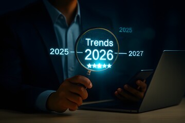 Businessman analyzing 2026 trends with magnifying glass over laptop, symbolizing future technology, global forecasting, strategic planning, and digital innovation for growth