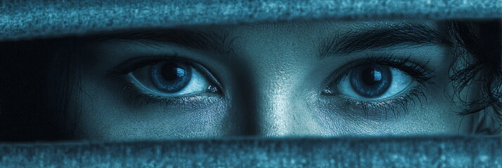 Frightened Woman’s Eyes Peeking Through Window Blinds in Blue Light