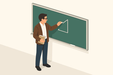 University professor lecturing geometry class with chalk on chalkboard in isometric style