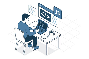 Developer coding at desk with javascript elements in isometric style