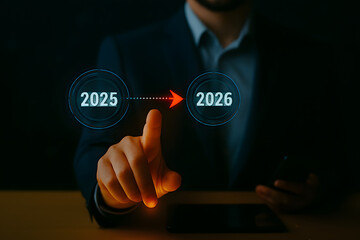 Business transformation and future planning from 2025 to 2026 with finger launching red arrow toward goal, symbolizing leadership, direction, and a strategic roadmap for success