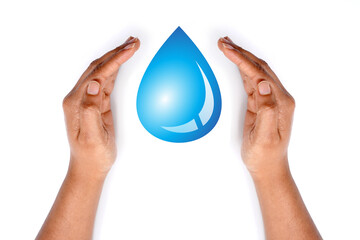 Hand covering and protected graphic element of water drop on white background.