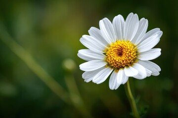 Obraz premium Close-up of a daisy with white petals and a yellow center against a blurred green background