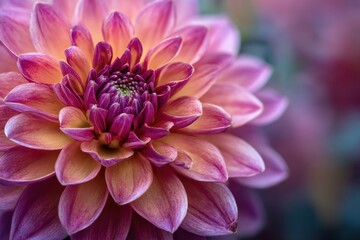 Close-up of a colorful dahlia bloom with layered petals and a blurred background