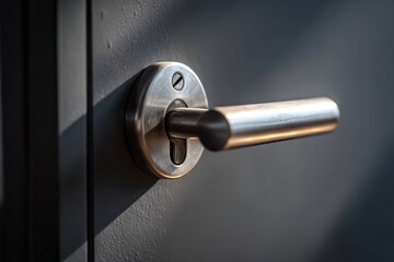 Close-up of a metallic door handle and keyhole on a grey door with light and shadow