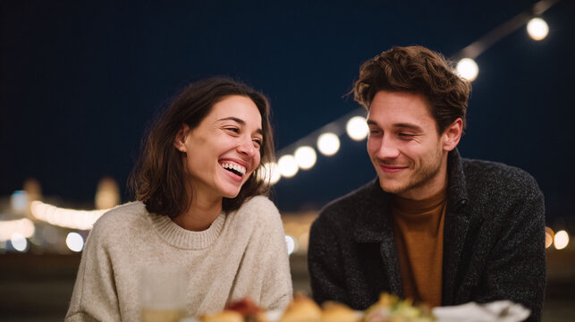 Charming date night scene. A happy couple enjoys a romantic dinner, laughter filling the air. Soft lighting enhances the intimate mood. Perfect for love, dating, or lifestyle concepts.