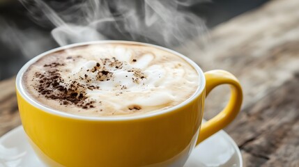 Close up of hot cappuccino with foam and cocoa powder in yellow mug