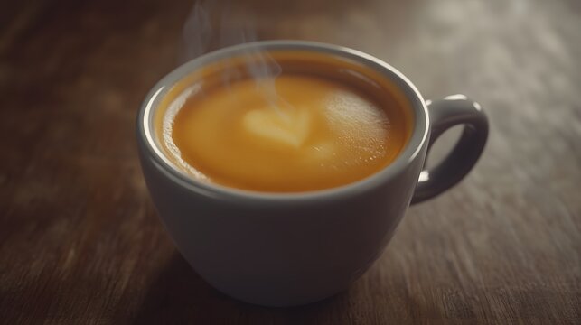 Steaming coffee cup with heart shape on wooden table background.