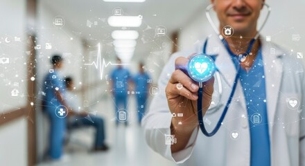 A medical professional holds a glowing stethoscope with a heart icon surrounded by a digital network of health technology icons in a hospital hallway