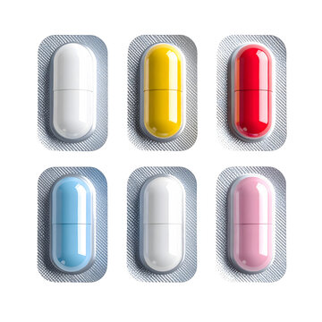 Colorful medication capsule pills in blister pack close-up on transparent background