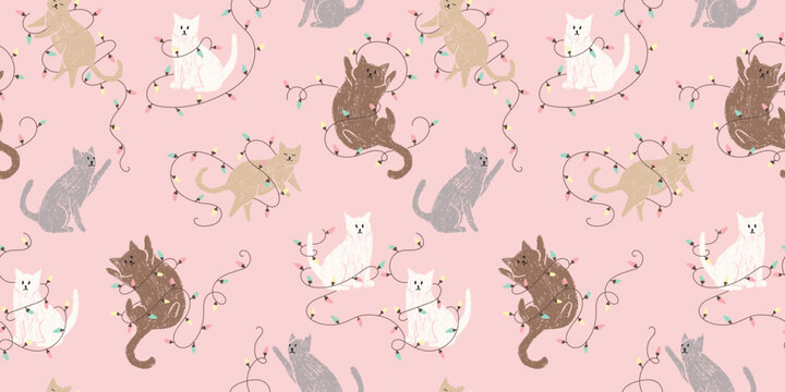 Christmas cats seamless pattern witn pencil texture on pink background. Hand drawn illustration for print, poster, wrapping paper