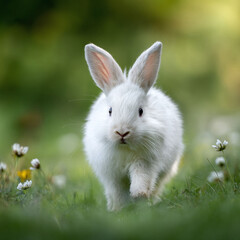 A fluffy white rabbit runs through a lush green meadow, conveying freedom, spring, and innocence.  Perfect for nature, pet, or holiday themed projects.