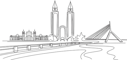 Fototapeta premium Dhaka Skyline Illustration Continuous Line Art Architecture on Transparent