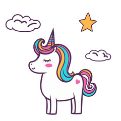 Illustration of a cute unicorn with colorful mane, clouds, and a star on a white background design