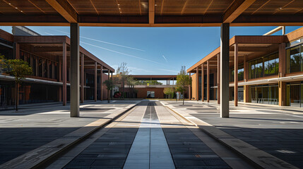 A large, empty courtyard with a few trees and a few windows