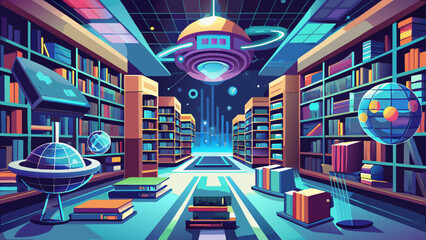 Library of tomorrow with glowing shelves, floating books, and AI-guided reading pods, vector illustration merging wisdom, innovation, and artistic imagination of the digital era.
