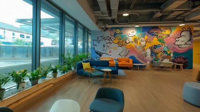 Colorful open office area with modern furniture and vibrant mural