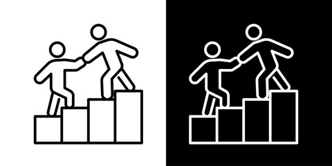 Minimalist line icon of two people helping each other climb stairs symbolizing teamwork mentorship support and leadership cooperation in black and white outline style