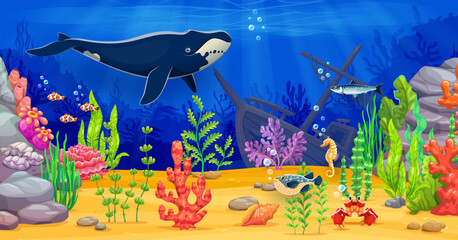Game background with wooden sunken ship, whale and sea animals. Cartoon vector ocean floor underwater landscape thrives with fishes, coral, rocks and plant life, shipwreck boat stuck in sandy bottom
